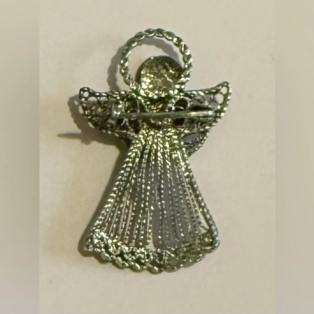 Vintage Silver Tone Filigree Wire Angel Brooch with Rhinestone.